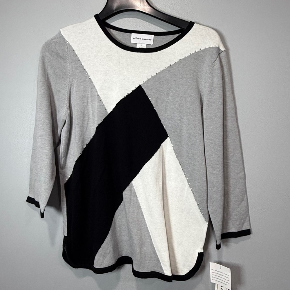 Alfred Dunner Classics Grey Colorblock 3/4 Sleeve Sweater Top M